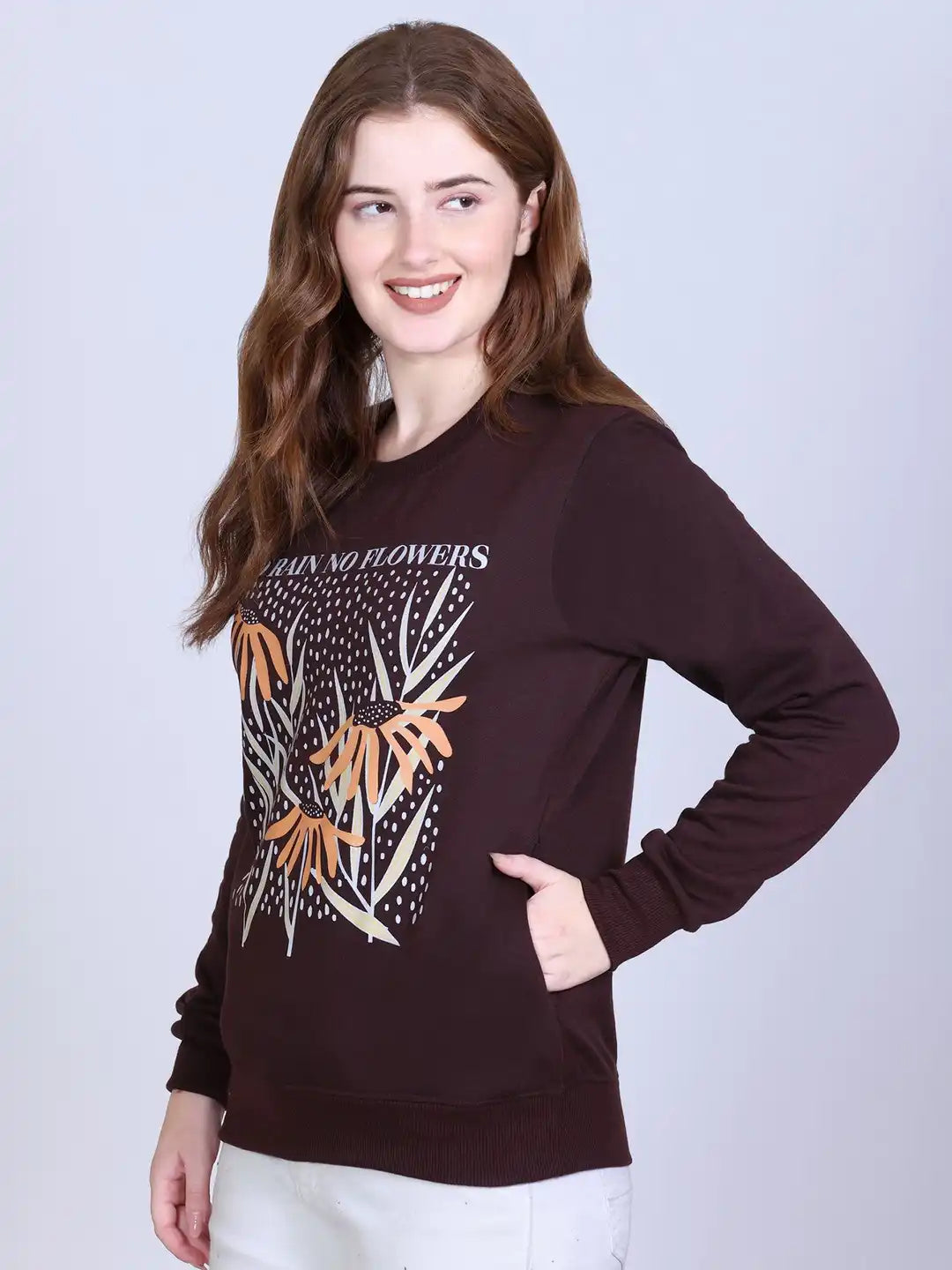 Women Floral Printed Ribbed Pullover Sweatshirt