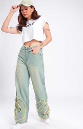 Women Frayed Detail Wide Leg High-Rise Heavy Fade Jeans